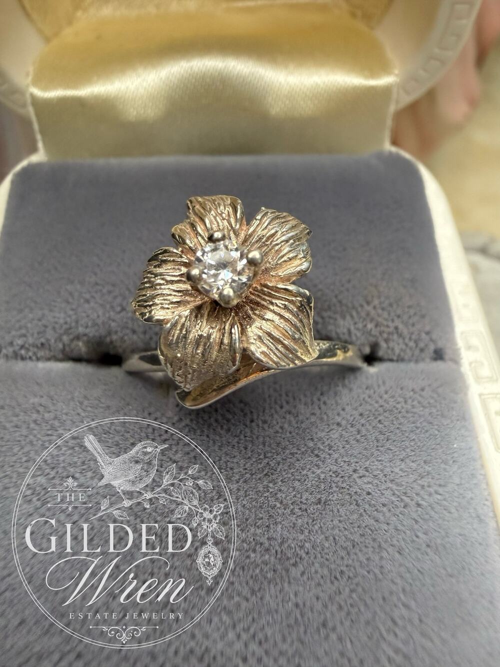 Vintage 1960s Sterling Silver Flower Ring Clear Glass Floral Bypass Sz 6.75